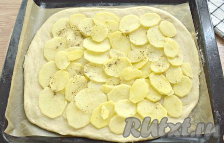 Поднявшееся тесто обминаем. Тесто делим на два куска, один из которых должен быть побольше. На присыпанной мукой поверхности большую часть раскатываем в пласт, размер которого должен быть чуть меньше размера противня. Раскатанный пласт сразу перекладываем на противень, застеленный листом для выпечки (или пергаментом). Очищаем картошку, нарезаем её на тонкие кружочки, выкладываем слой картошки на пласт теста, немного отступив от краёв пласта. Картофель немного солим и перчим.