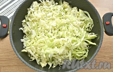 С капусты удаляем верхние листы, срезаем кочерыжку. Затем нарезаем капусту достаточно тонко и кладём поверх слоя лука.