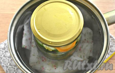 Банку накрываем крышкой, слегка крышку прокручиваем. На дно кастрюли, в которой будете стерилизовать банку с огурчиками, кладём тканевую салфетку (или полотенце), сложенную в 2-3 раза. Поверх салфетки (или полотенца) ставим баночку, вливаем тёплую воду, чтобы она доходила до "плечиков" банки с огурцами. Кастрюлю с баночкой ставим на средний огонь, а после закипания стерилизуем 0,5-литровую банку на небольшом огне 10 минут.