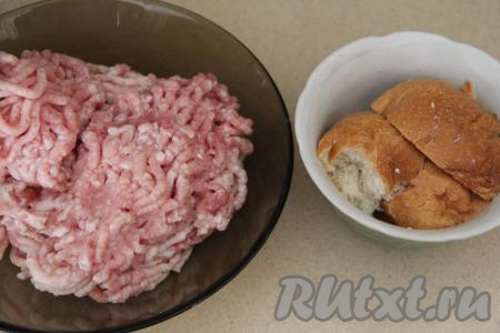 Хлеб замочить в 50 миллилитрах молока. Мясо (я взяла свинину) вымыть, пропустить через мясорубку, переложить в миску. Можно использовать покупной фарш.