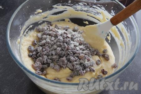 Изюм смешать с 1 чайной ложкой отложенной муки, покрывая сухофрукты мукой со всех сторон. Затем добавить изюм в творожное тесто и перемешать.