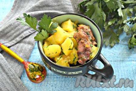 Картошку, тушёную с копчёными рёбрышками, подаём в горячем виде к столу. Блюдо получается вкусным, ароматным, сытным, оно отлично впишется в повседневное меню!