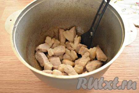 В казане (или в толстостенной кастрюле) прогреваем растительное масло, выкладываем кусочки свинины и обжариваем на достаточно сильном огне до появления на мясе золотистой корочки, периодически перемешивая. Мне на обжаривание потребовалось 10 минут.