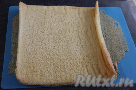 Перевернуть горячий бисквит на силиконовый коврик (или пергамент), снять тефлоновый коврик (или пергамент), на котором выпекался бисквит. Свернуть бисквит в плотный рулет и оставить на 10 минут. Затем развернуть бисквит.