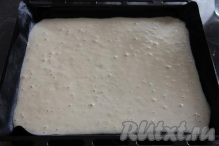 Противень застелить тефлоновым ковриком (или пергаментом), выложить бисквитное тесто и разровнять.