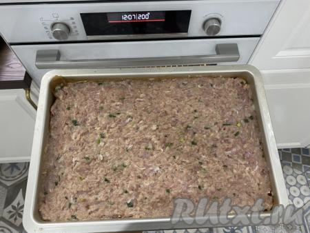 Выложить фарш ровным слоем на противень и поставить в духовку, запекать 25 минут при температуре 200 градусов.&nbsp;