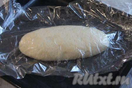 Рукав для запекания внутри смазать растительным маслом. Сформированный хлеб вложить в подготовленный рукав для запекания и переложить на противень. Прикрыть хлеб полотенцем и оставить на 30 минут.&nbsp;