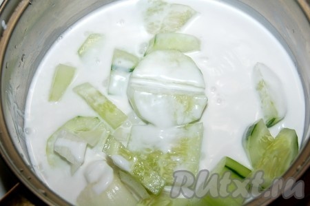 Нарезанные огурец и лук положить в ковшик и залить кокосовым молоком.