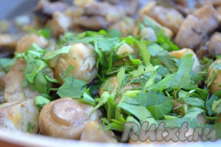 Зелень промыть водой, мелко нарезать и добавить в сковороду к обжаренному луку и грибам, хорошо перемешать.