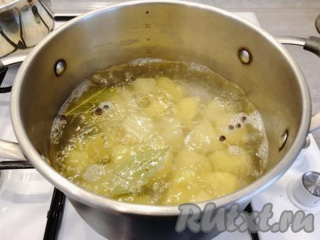 Морской коктейль заранее полностью размораживаем при комнатной температуре. Картофель моем, очищаем от кожуры, произвольно нарезаем, перекладываем в кастрюлю, полностью заливаем холодной водой, добавляем в кастрюлю 1-2 лавровых листа, 5-6 горошин душистого перца, ставим на огонь, а после закипания солим по вкусу и отвариваем до готовности (примерно 20-25 минут) на небольшом огне.