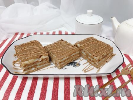 Теперь мы можем достать десерт из холодильника, нарезать на порционные кусочки и подавать к столу. Я дополнительно полила его сверху растопленным молочным шоколадом (для этого две дольки шоколада поместила в полиэтиленовый пакетик и на минутку отправила в кипяток, затем сделала надрез в пакетике и полила растопленным шоколадом десерт).