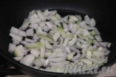 Очищенный и достаточно мелко нарезанный лук выложить в сковороду с растительным маслом и обжарить на среднем огне до прозрачности (в течение 3-4 минут), иногда помешивая.