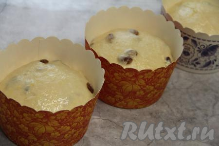 По прошествии времени сдобное дрожжевое тесто увеличится в объёме раза в 2. Обмять тесто и разделить его на три части. Выложить тесто в формы для куличей, заполняя их на 2/3 объёма, и оставить в тёплом месте ещё на 1 час.