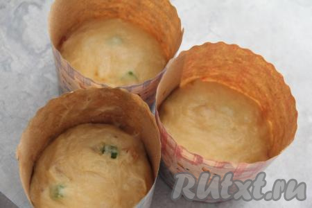 По прошествии времени хорошо поднявшееся тесто обмять, разделить на части (я разделила на 3 равные части) и выложить в формы для выпечки куличей (у меня бумажные формы), заполняя их на половину объёма. Оставить формы с тестом на 1 час в тепле.