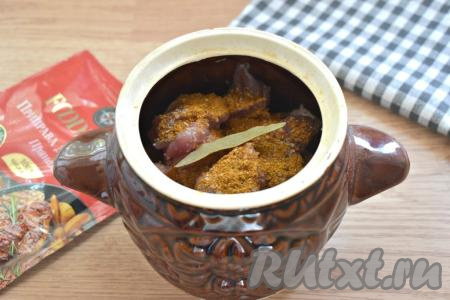 Мясо сверху посыпаем 0,5 чайной ложки приправы для мяса, 2 щепотками соли (или по вкусу), добавляем половину лаврового листа.&nbsp; &nbsp;