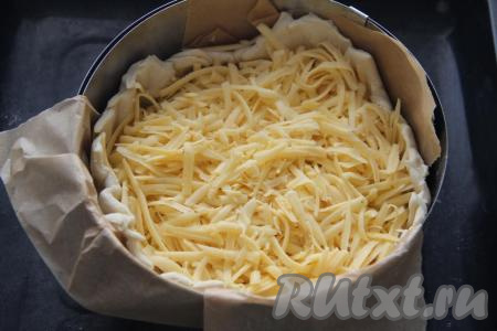 Отрезать излишки слоёного теста, свисающие с краёв формы. Начинку из курицы и грибов посыпать сыром, натёртым на крупной тёрке. Поставить пирог "Жульен" в разогретую духовку и выпекать при температуре 200 градусов минут 35.