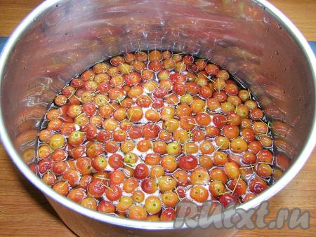 С яблок сливаем воду. Перекладываем яблоки в горячий сироп, перемешиваем и оставляем на 5-6 часов.