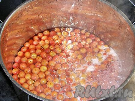 По прошествии 5-6 часов ставим кастрюлю на медленный огонь, доводим сироп до кипения и варим минут 5. Пену, которая будет появляться на поверхности, аккуратно снимаем шумовкой. Убираем кастрюлю с огня, накрываем крышкой и оставляем ещё на 5 часов при комнатной температуре.