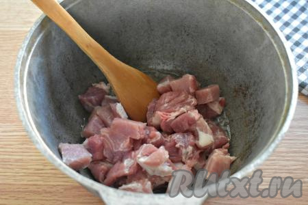 Свинину промываем, обсушиваем и нарезаем на кубики со сторонами примерно 2 сантиметра. Подготовленное мясо выкладываем к обжаренному луку, перемешиваем.