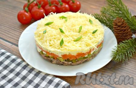 Салат получился сытным, вкусным и аппетитным. Я уверена, что это блюдо, приготовленное с куриной печенью и сыром, обязательно найдёт своих почитателей.