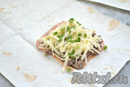 Зелёный лук моем, нарезаем. Поверх сыра выкладываем немного зелёного лука.