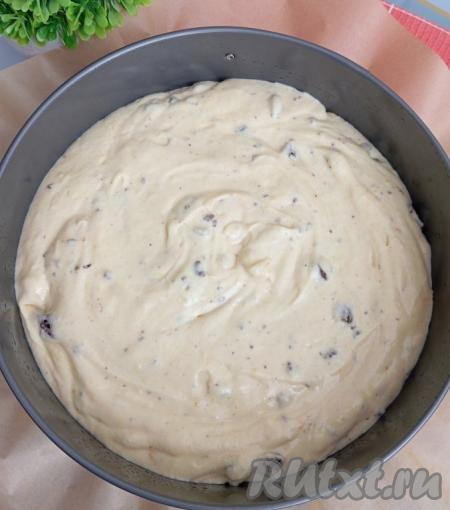 Дно разъёмной формы для выпечки застилаем пергаментной бумагой, бока формы смазываем растительным (или сливочным) маслом. В подготовленную форму выкладываем тесто. У меня форма диаметром 22 сантиметра.