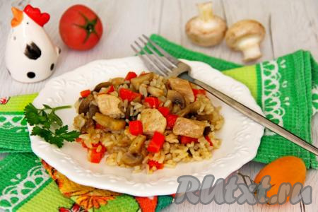 Рассыпчатый рис вместе с мягкими кусочками мяса курицы и нежными шампиньонами разложить со сковороды по тарелкам и в горячем виде подать к столу.