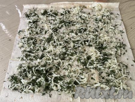 Поверх листов лаваша, сложенных внахлёст равномерно выложить начинку из сыра и зелени, отступая от краёв лаваша по 1-1,5 сантиметра.