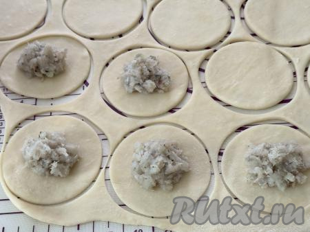 Выложить в центр каждого кружка по 1 чайной ложке рыбного фарша.