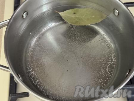 Часть пельменей я сразу отварила, для этого в кастрюлю нужно влить воду, добавить соль по вкусу и лавровый лист, поставить на огонь. Довести воду до кипения.