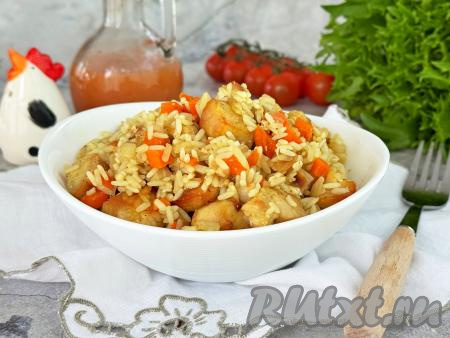 Готовый аппетитный, рассыпчатый рис с мягкими кусочками мяса курицы разложить из чаши аэрогриля по тарелкам и подать к столу в горячем виде.