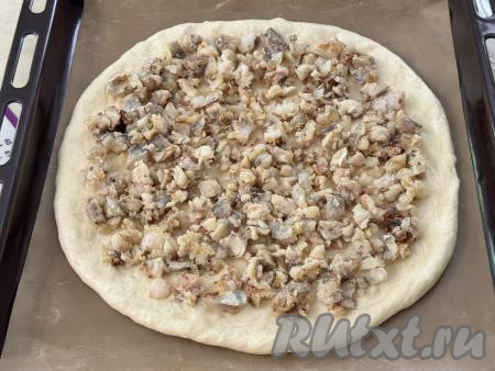 Выложить начинку поверх теста, отступая от краёв теста по 1,5 сантиметра.&nbsp;