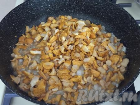 К обжаренному луку добавить подготовленные лисички.