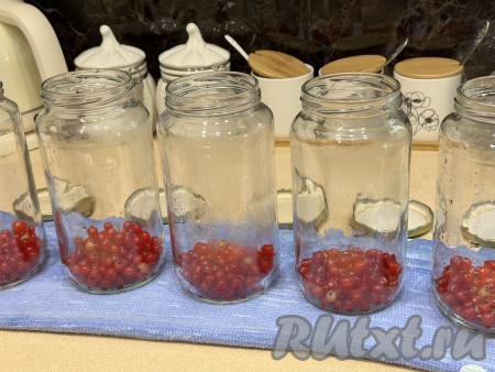 Пока закипает вода с сахаром, равномерно распределить 400 грамм подготовленной смородины по простерилизованным банкам.&nbsp;