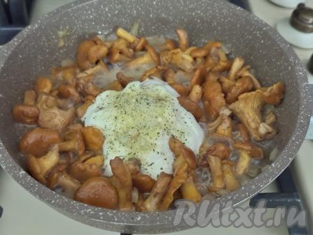 К лисичкам, обжаренным с луком добавить сметану любой жирности, посолить по вкусу, всыпать любимые специи.