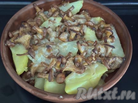 Поместить форму в разогретую до 200 градусов духовку, запекать картошку с лисичками минут 20.