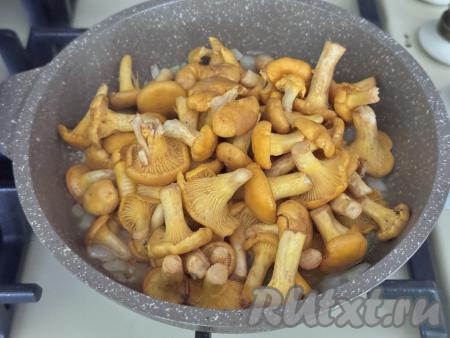 Обжарить лук на среднем огне до прозрачности (в течение 3-4 минут), иногда помешивая, затем добавить подготовленные свежие (или замороженные) лисички, перемешать.&nbsp;