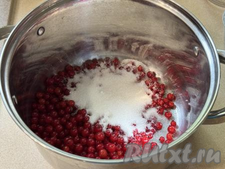 200 грамм подготовленных свежих (или замороженных) ягод красной смородины выложить в кастрюлю, всыпать сахар.