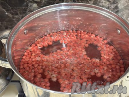 Довести компот из красной смородины до кипения, уменьшить огонь, варить 5 минут. Затем попробовать на вкус, если нужно, добавить ещё немного сахара, исходя из своих вкусов. Я на этом этапе сахар не добавляла, компот у меня получился в меру сладким. Варить компот ещё 5 минут.