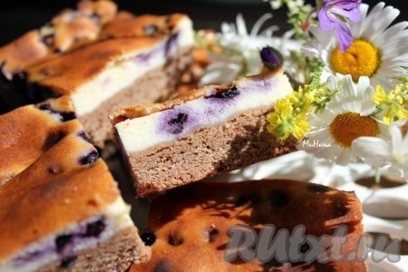 Готовый чернично-творожный пирог достаньте из духовки, дайте ему остыть, а затем нарежьте на порционные кусочки и можно садиться за стол. Выпечка получается очень вкусной, попробуйте!