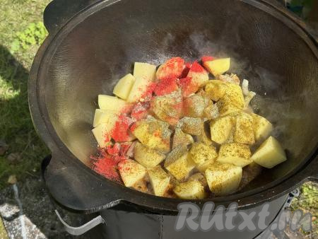 Сразу всыпать соль и специи по вкусу. В качестве специй я добавила паприку и хмели-сунели.