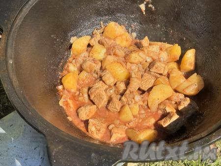 Накрыть казан крышкой и готовить минут 20-25 (до готовности картошки, она должна легко прокалываться ножом или вилкой). Продолжительность приготовления во многом зависит от огня, на котором вы готовите. В течение этого времени блюдо нужно 2-3 раза перемешать.