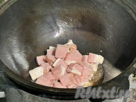 Свинину промыть водой, обсушить,&nbsp;нарезать на кубики с размером стороны 1,5 сантиметра, посолить, перемешать. Казан установить на костёр, влить растительное масло. Как только масло разогреется, выложить в казан кусочки свинины.&nbsp;