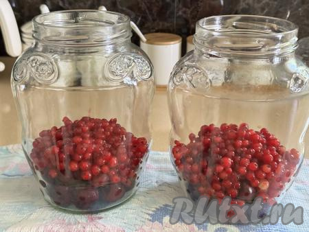 В каждую банку с черешней добавить 200 грамм красной смородины. Прикрыть банки прокипячёнными крышками.