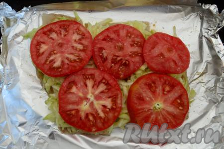 Помидоры помыть, нарезать на кружочки толщиной 5-7 миллиметров, разложить поверх кабачка, посолить по вкусу.