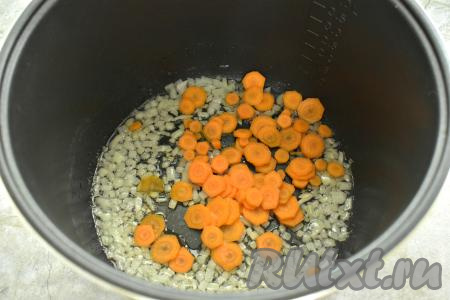 К обжаренному луку выкладываем морковку, нарезанную на тонкие кружочки, перемешиваем, готовим 4 минуты, иногда помешивая.