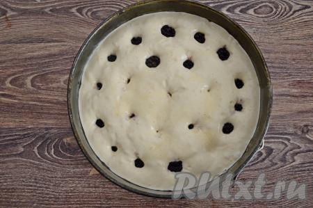 Ежевику равномерно распределить по всей поверхности теста, слегка вдавливая ягоды в тесто. Сильно вдавливать ягоды в тесто не нужно, они в процессе выпечки сами опустятся. Я не советую добавлять очень много ежевики в шарлотку. Ежевика - очень сочная ягода, 160 грамм ягод будет вполне достаточно. Если добавить намного больше ежевики, чем указано в рецепте, тогда ягоды заберут воздушность из теста при выпечке и пирог поднимется неравномерно.