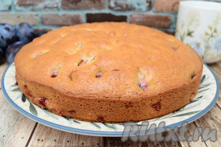 Остывшую нежную, мягкую сливовую шарлотку переложить на плоскую тарелку, после этого можно нарезать на кусочки и подавать к столу.