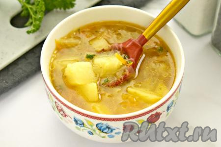 Щи, сваренные с индейкой и свежей капустой, разливаем по тарелкам, дополняем, по желанию, свежей зеленью. Подаём насыщенное, вкусное блюдо в горячем виде к столу.