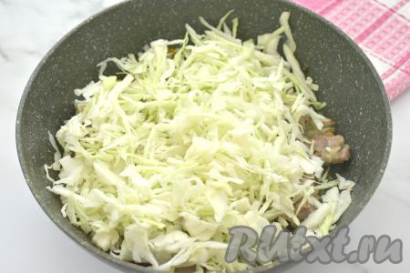 Капусту промываем водой, нарезаем на тонкие полоски, выкладываем в сковороду с мясом, обжаренным с овощами, перемешиваем и тушим 10 минут (капуста должна обмякнуть и начать размягчаться), иногда помешивая. Если капуста суховата, в процессе тушения, чтобы она не пригорела, можно добавить в сковороду 2-3 столовых ложки воды.